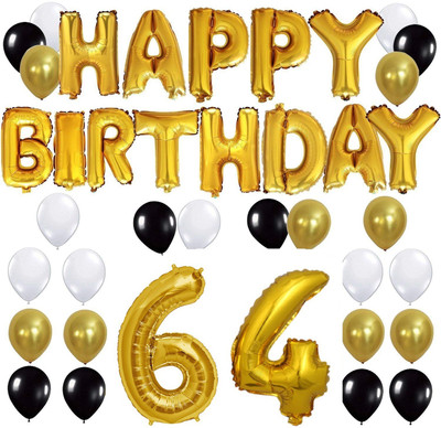 

Theme My Party Happy Birthday Gold Letter Foil, Black Gold White Latex Balloons 50 -10 Inch Each , 63 No. Gold Foil 16 Inch in size. Perfect combo for decoration on Birthday at home/outside.