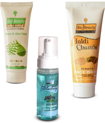 

BioBeauty Haldi Chandan Acne Free Glowing Skin, Blue Berry Mint Self Foaming Face Wash & Daily Scrub Blackhead Clearing Neem & Aloe Vera 100% Natural All Skin Types (Each 1)(Set of 3)