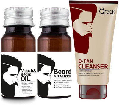 

Qraa Men Mooch & Beard Oil 30ml + Beard Vitalizer-For Beard Growth30Ml + D-Tan Cleanser for Men 100gm(Set of 3)