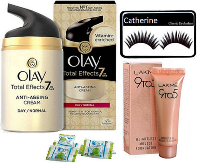 

catherine eyelashes&Olay Total Effects 7-in-1 Anti Aging Day Skin Cream, Lakme 9 To 5 Weightless Mousse Foundation, magic napkin pack of 4(Set of 7)