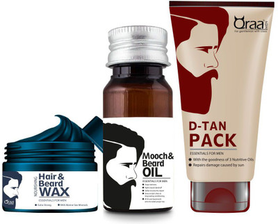 

Qraa Men Nourishing Hair & Beard WAX(Blue) 100gm + Mooch & Beard Oil 30ml + D-Tan Pack for Men 120gm(Set of 3)