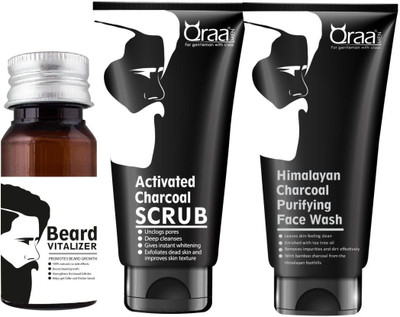 QRAA BEARD VITALIZER 30ML + ACTIVATED CHARCOAL SCRUB 100GM + HIMALAYAN CHARCOAL PURIFYING FACE WASH 100GM(Set of 3)