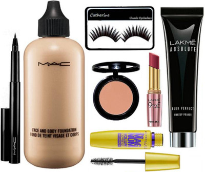 

catherine Eyelashes, Mac face and body foundation, pen eyeliner, star trik blusher, lakme absolut primer, 9to5 lipstick, the mag num mascara(Set of 7)