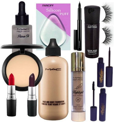 

Fancify Silicon Puff& Compact& Face&Body Foundation&pen eyeliner&Lipstick Pack Of 2& HIghlight& Prep+Prime Oil& Padma Liner&Mascara& Face Serum&eyelashes(Set of 12)