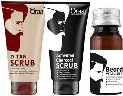 

QRAA BEARD VITALIZER 30ML + D-TAN SCRUB FOR MEN 100GM + ACTIVATED CHARCOAL SCRUB 100GM(Set of 3)