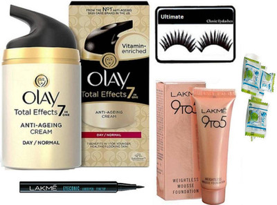 

Ultimate Eeyelashes&Olay Total Effects 7-in-1 Anti Aging Day Skin Cream, Normal,Lakme 9 To 5 Weightless Mousse Foundation 6gm & Eyeconic Pen Eyeliner& Magic Napkin Pack Of 3(Set of 7)