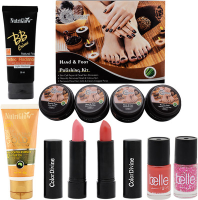 

NutriGlow Skin Radiance Hand & Foot Polishing Kit + 2 Color Divine Lipisticks + 2 Belle Nail Paints + 1 gold polish scrub + 1 BB cream(Set of 1)