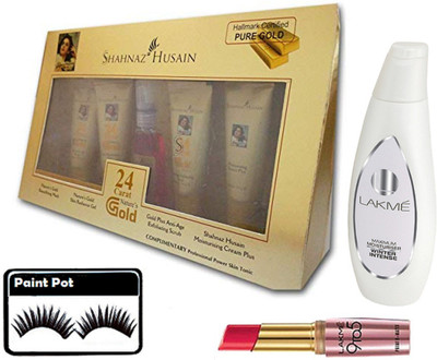 

paint pot Eyelashes& Shahnaz Hussain Gold Facial Kit With Lakme Mazimum Moisturiser Winter Intense Lotion,Lipstick(Set of 4)