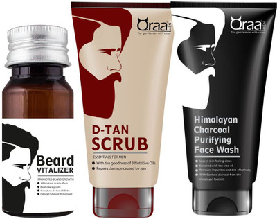 

QRAA BEARD VITALIZER 30ML + D-TAN SCRUB FOR MEN 100GM + HIMALAYAN CHARCOAL PURIFYING FACE WASH 100GM(Set of 3)