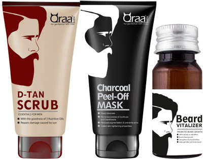 

QRAA BEARD VITALIZER 30ML + D-TAN SCRUB FOR MEN 100GM + CHARCOAL PEEL OFF MASK 50GM(Set of 3)