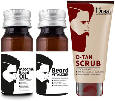 Qraa Men Mooch & Beard Oil 30ml + Beard Vitalizer-For Beard Growth30Ml + D-Tan Scrub for Men(Set of 3)