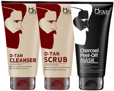 

QRAA D-TAN CLEANSER FOR MEN 100GM + D-TAN SCRUB FOR MEN 100GM + CHARCOAL PEEL OFF MASK 50GM(Set of 3)