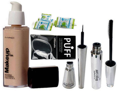 

Ultimate Silicon Puff With Macc Makeup pro longwear Foundation & Brooke Candy Eyeliner With Mascara & Magic Napkin Pack Of 3(Set of 7)