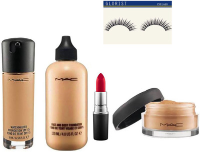 

glorist eyelash and mactcmaster,foundation,lipstik,skin powder mac combo(Set of 5)