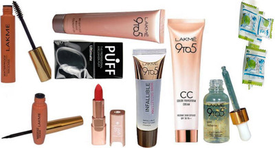 

Ultimate Silicon puff With LAkme 9to5 Mousse foundation With Gold Radiance Face Serum With Liquid Eyeliner With Mascara & Matte Finish lipstick CC Color transform Cream With Infallilible Mattifying Primer,Stick Kajal & Magic Napkin Pack Of 3(Set of 11)