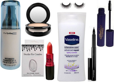 

studio fix combo Silicon Puff & Matchmaster Foundation & vesline body lotion & Lady Gaga Lipstick & Pen Eyeliner & Compact & mascara & Eyelashes(Set of 8)