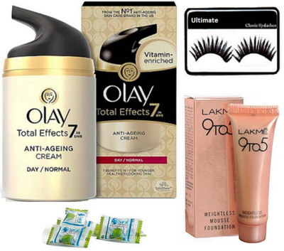

Ultimate Eeyelashes&Olay Total Effects 7-in-1 Anti Aging Day Skin Cream, Normal,Lakme 9 To 5 Weightless Mousse Foundation 6gm& Magic Napkin Pack Of 3(Set of 6)