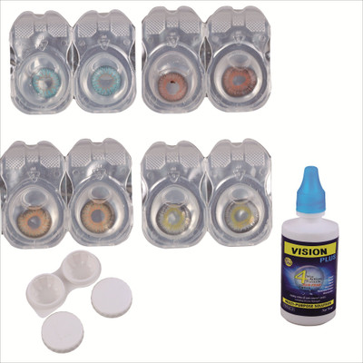 

Vision-Plus 4 Pair Blue - Brown - Grey - Hazel Color Zero Power Monthly Contact Lens With Solution & Case Monthly Contact Lens(0, Blue, Brown, Grey, Hazel, Pack of 4)