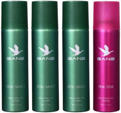 

GANS Three BEAU SANCY & One PINK STAR Perfume Body Spray for Women (Pack of 4) Perfume Body Spray - For Women(600 ml, Pack of 4)