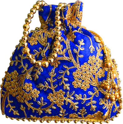 

AyA Fashion Designer Royal Ethnic Clutch Silk Potli Batwa Bag with Beads Work|Hand embrodired Design|Rajasthani Potli(Blue)