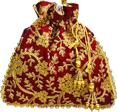 

AyA Fashion Designer Royal Ethnic Clutch Silk Potli Batwa Bag with Beads Work|Hand embrodired Design|Rajasthani Potli(Maroon)