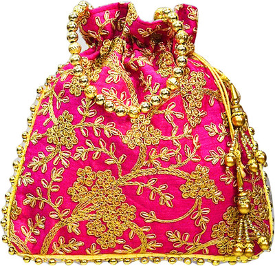 

AyA Fashion Designer Royal Ethnic Clutch Silk Potli Batwa Bag with Beads Work|Hand embrodired Design|Rajasthani Potli(Pink)