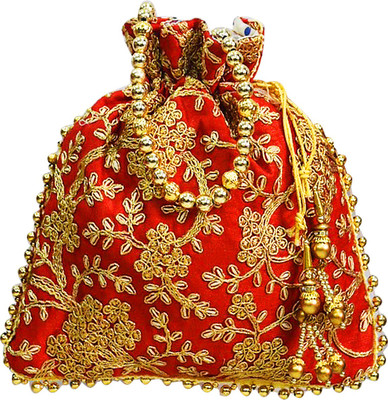 

AyA Fashion Designer Royal Ethnic Clutch Silk Potli Batwa Bag with Beads Work|Hand embrodired Design|Rajasthani Potli(Red)