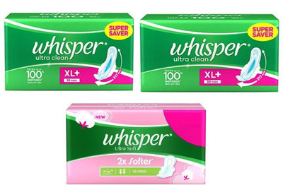 

Whisper Ultra Clean & Ultra Soft 30+30+30 Pad Sanitary Pad(Pack of 3)