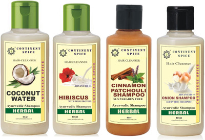 

Continent Spice coconut water shampoo, Hibiscus shampoo, Cinnamon patchouli shampoo, Onion shampoo, 50 ml each, Pack of 4(50 ml)