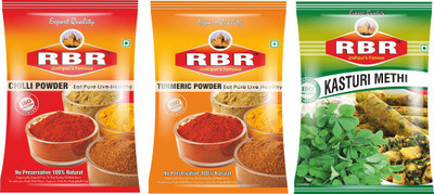

RBR Premium Mix Spices-Chilli Powder(Mirchi),Turmeric Powder(Haldi),Dried Fenugreek Leaves(Kasturi Methi), 100g Each(3 x 100 g)