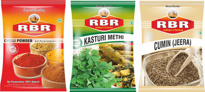 

RBR Premium Mix Spices-Chilli Powder(Mirchi),Dried Fenugreek Leaves(Kasturi Methi),Cumin Seeds(Jeera), 100g Each(3 x 100 g)