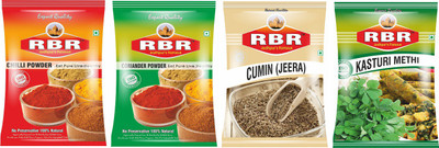 

RBR Premium Mix Spices-Chilli Powder(Mirchi),Coriander Powder(Dhaniya),Cumin Seeds(Jeera),Dried Fenugreek Leaves (Kasturi Methi) 100g Each(4 x 100 g)