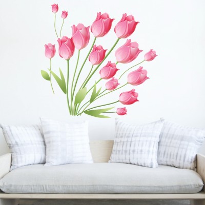 StickMe 140 cm Pink Tulip Blooming Beautiful Flowers Wall Stickers - SM1020 Self Adhesive Sticker(Pack of 1)