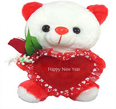 Tickles White Teddy With Beautiful Rose and Happy New Year Wishes Christmas New Year Gift - 25 cm(White)