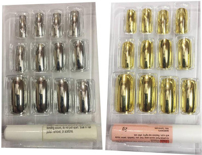 

KASCN ORIGINAL HIGH QUALITY ARTIFICIAL FALSE NAIL IN METALLIC GOLD AND SILVER WITH GLUE FOR ALL SKIN TONE GOLD, SILVER(Pack of 2)