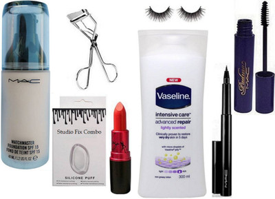 

studio fix combo Silicon Puff & Matchmaster Foundation & vesline body lotion & Lady Gaga Lipstick & Pen Eyeliner & Curler & Padma mascara & Eyelashes(Set of 8)