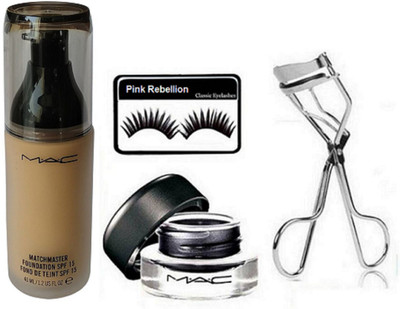 

Pink Rebellion Eyelashes &Mac Match Master Make-Up Foundation & Gel Eyeliner With Eyelashes Curler (Set of 4)(Set of 4)