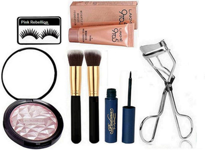 

Pink Rebellion Eyelashes & Makeup Brush 2 Padma Eyeliner, 9 to 5 Weightless Foundation, Fit Beauty Makeup Powder With Eyelashes Curler(Set of 7)