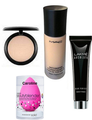 CAROLINE Sponge Puff & Compact, Match Master Foundation and Absolute Blue Perfect Makeup Primer(Set of 4)