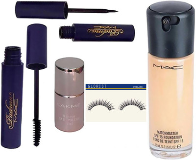 

glorist Eyelashes, Mac Matchmaster Foundation spf 15, Padma Mascara & Eyeliner, Mirror Nail paint(Set of 5)