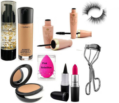 

Pink Rebellion Sponge Puff & Mac Skin Caviar Primer & Match master Foundation & Lakme 9 To 5 Eyeliner+Mascara & Studio Fix Compact & Stick Kajal & Candy Yum Yum Lipstick & Eyelashes Curler With Eyelashes(Set of 9)