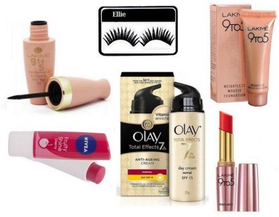 

ellie Eyelashes,Olay total Anti Ageing Cream 20g ,Nivea Lip Balm With Lakme 9to5 Mousse Foundation 6gm,Liquid Eyeliner,Primer+matte Lipstick(set of 6)(Set of 6)