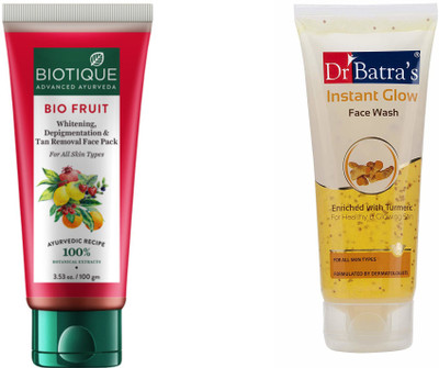 

Biotique Bio Fruit Whitening,Depigmentation Tan Removal Face Pack for All Skin Types-100gm & Dr Batra's Instant Glow Face Wash-100gm(Set of 1)