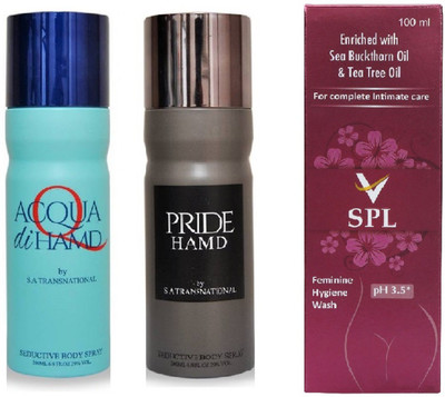 

Hamd Acqua 1pc., Pride 1pc. Deodorant Spray & VSPL Feminine Hygiene Wash 1pc. P of 3(Set of 3)