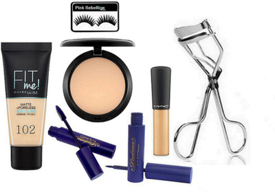 

Pink Rebellion Eyelashes & Maybelline Fit me Foundation & Compact & Mineralize Concealer & Padma Eyeliner+Mascara With Eyelashes Curler(Set of 7)