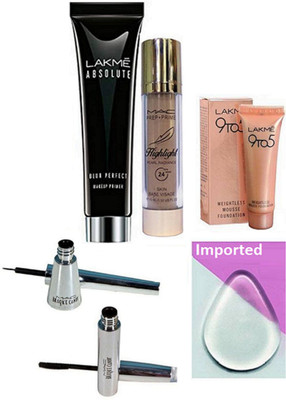 

Imported silicon Puff,Lakme Absolute Blur Perfect Makeup Primer,Mousse Foundation & Mac Perp+Prime Highlight Foundation &Brooke Candy Eyeliner & Mascara(Set of 6)