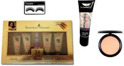 

caroline Eyelashes, herbals 24 Carat Gold Kit, Mattifying Base Primer with compact(Set of 4)
