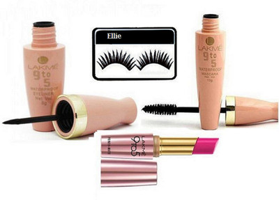 

ellie Eyelashes,Lakme 9to5 Eyeliner With Mascara And Matte Finish Long Lasting Lipstick(Set of 4)