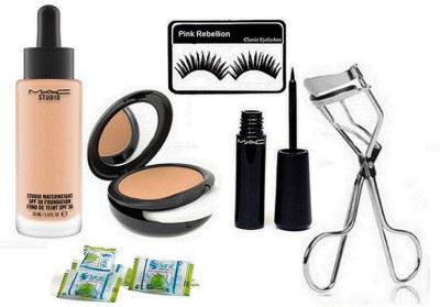 

Pink Rebellion Eyelashes, Mac Studio Water weight Foundation, Studio Fix Compact, Liquid Eyeliner & Magic Napkin 2 & Eyelashes Curler(Set of 7)