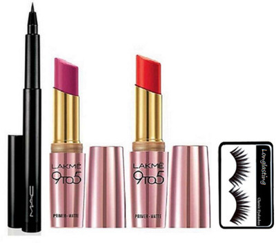 

longlasting eyelashes,Lakme 9 to 5 primer+matte finish lipstick (pack of 2)& Mac Pen Eyeliner(Set of 4)